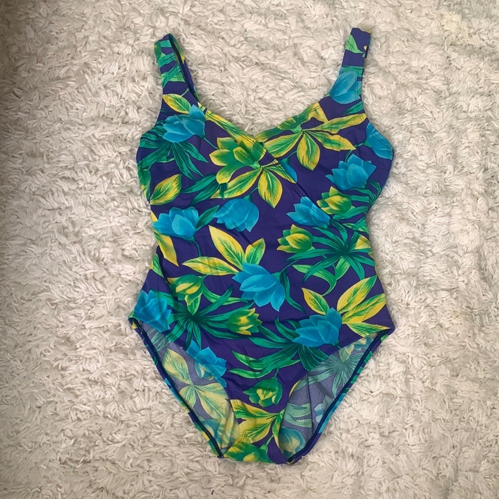 VINTAGE 90s Blue Green Floral One Piece Swimsuit